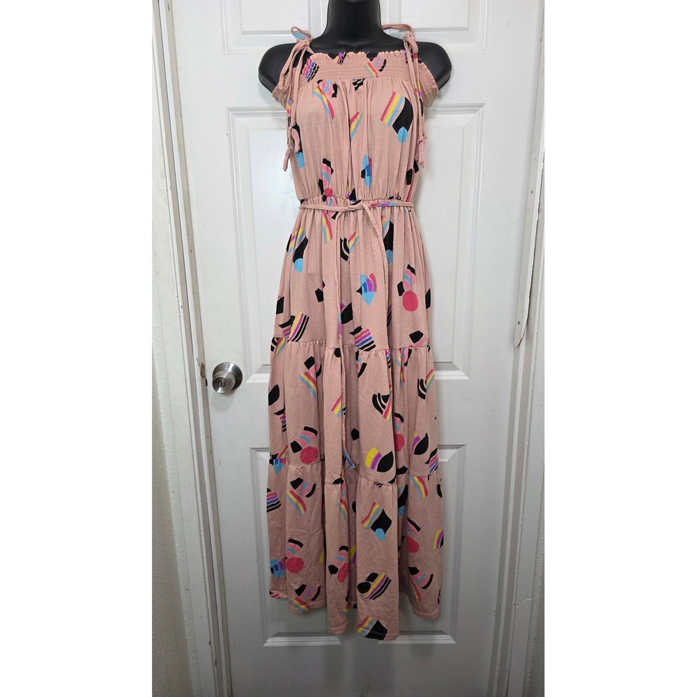 Takepride Maxi Dress‎ Womens M Pink Abstract Geometric Tiered Boho Summer